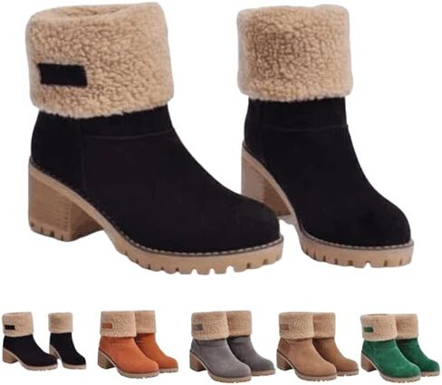 Women's Winter Snow Warm Fleece Boots - Chunky Mid Heel Ankle Short Booties in Saudi Arabia