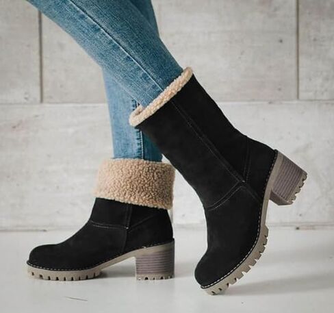 Women's Winter Snow Warm Fleece Boots - Chunky Mid Heel Ankle Short Booties in Saudi Arabia