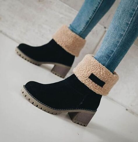 Women's Winter Snow Warm Fleece Boots - Chunky Mid Heel Ankle Short Booties in Saudi Arabia