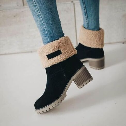 Women's Winter Snow Warm Fleece Boots - Chunky Mid Heel Ankle Short Booties in Saudi Arabia
