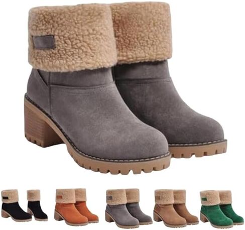 Women's Winter Snow Warm Fleece Boots - Chunky Mid Heel Ankle Short Booties in Saudi Arabia