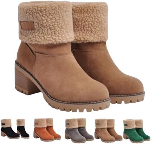 Women's Winter Snow Warm Fleece Boots - Chunky Mid Heel Ankle Short Booties in Saudi Arabia