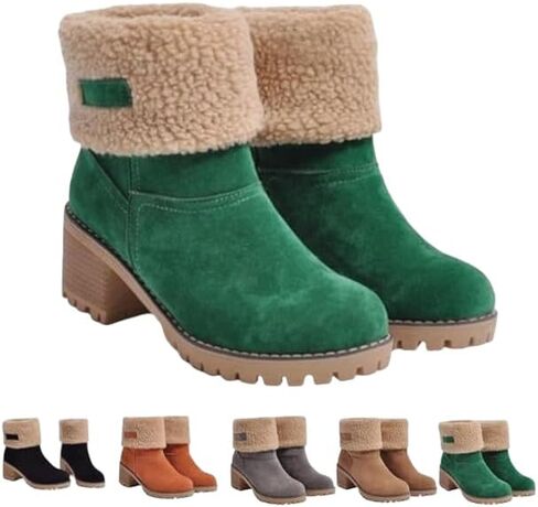 Women's Winter Snow Warm Fleece Boots - Chunky Mid Heel Ankle Short Booties in Saudi Arabia