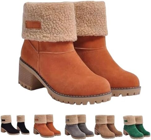 Women's Winter Snow Warm Fleece Boots - Chunky Mid Heel Ankle Short Booties in Saudi Arabia