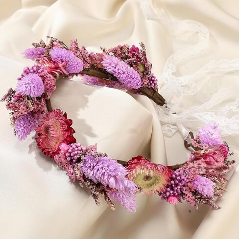 Nuanchu Dried Flower Wedding Headband Daisy Rabbit Tail Flower Crown Pink Real Floral Bridal Bridesmaid Headpiece with Ribbon Boho Women Birthday Festival Maternity Photo Props Wedding Party Prom in Saudi Arabia