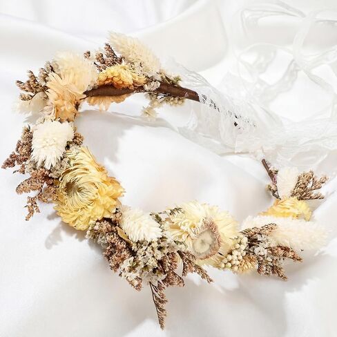 Nuanchu Dried Flower Wedding Headband Daisy Rabbit Tail Flower Crown Pink Real Floral Bridal Bridesmaid Headpiece with Ribbon Boho Women Birthday Festival Maternity Photo Props Wedding Party Prom in Saudi Arabia
