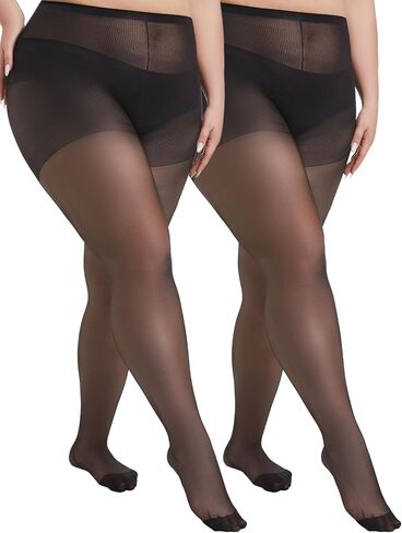 Plus Size Sheer Tights for Women 20D Control Top Pantyhose Soft Stockings with Reinforced Toes 2 Pairs in Saudi Arabia