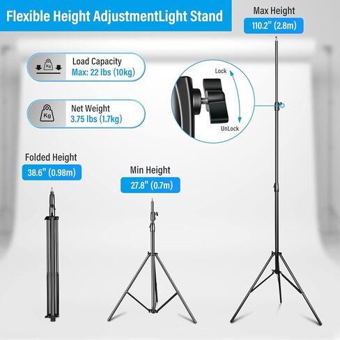 SIRUI 9.2 Feet Light Stand for Photography, Max Load 22lbs Heavy Duty Light Stands with Spring Cushioned, Lighting Tripod Stand for Reflector, Softboxes, Studio Light, Umbrella, Background (DJ280) in Saudi Arabia