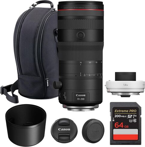 Canon RF 70-200mm f/2.8 L is USM Lens – Compact Telephoto Zoom with Image Stabilization for Sports, Portrait & Event Photography (6593C002) + Canon Extender RF 1.4X + 64GB Memory Card in Saudi Arabia