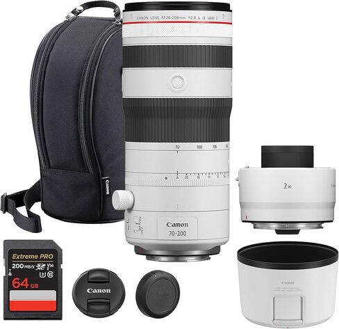 Canon RF 70-200mm f/2.8 L is USM Lens – Compact Telephoto Zoom with Image Stabilization for Sports, Portrait & Event Photography (6593C002) + Canon Extender RF 2X + 64GB Memory Card in Saudi Arabia