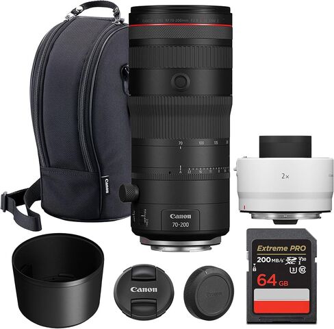 Canon RF 70-200mm f/2.8 L هي عدسة USM - تكبير تليفوتوغرافي مدمج مع تثبيت الصورة للرياضة والصور الشخصية والتصوير الفوتوغرافي للأحداث (6593C002) + Canon Extender RF 2X + بطاقة ذاكرة سعة 64 جيجابايت in Saudi Arabia