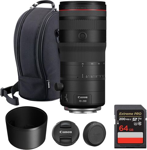 Canon RF 70-200mm f/2.8 L هي عدسة USM - تكبير تليفوتوغرافي مدمج مع تثبيت الصورة للرياضة والصور الشخصية والتصوير الفوتوغرافي للأحداث (6593C002) + بطاقة ذاكرة سعة 64 جيجابايت in Kuwait