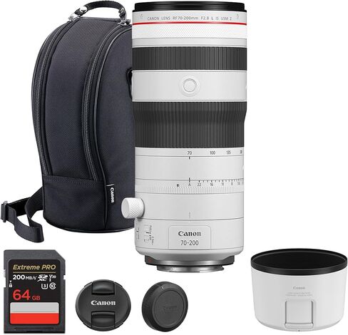 Canon RF 70-200mm f/2.8 L هي عدسة USM - تكبير تليفوتوغرافي مدمج مع تثبيت الصورة للرياضة والصور الشخصية والتصوير الفوتوغرافي للأحداث (6593C002) + بطاقة ذاكرة سعة 64 جيجابايت in Kuwait