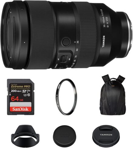 عدسة Tamron 35-150 مم f/2-2.8 Di III VXD (Sony E) مع نطاق تكبير سريع الكل في واحد، وبطاقة ذاكرة Extreme PRO SDXC سعة 64 جيجابايت مع سرعة قراءة 200 ميجابايت/ثانية، وفلتر Tiffen 82 مم للأشعة فوق البنفسجية ومجموعة حقيبة ظهر للكاميرا in Kuwait
