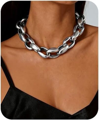 Chunky Cuban Chain Choker Necklaces Silver Punk Hip Hop Necklaces Exaggerated Heavy Link Chain Necklace Statement Collarbone Necklace for Party Costume Accessory Jewelry for Women in Saudi Arabia