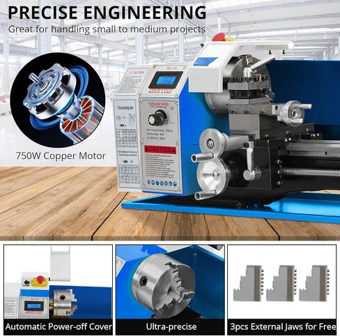 ماكينة خراطة معدنية - ماكينة تشغيل المعادن - ماكينة تشغيل المعادن 750 وات مخرطة معدنية صغيرة مقاس 8 بوصة × 30 بوصة مع ظرف 5 فك ثلاثي الفك مع صندوق أدوات in Kuwait