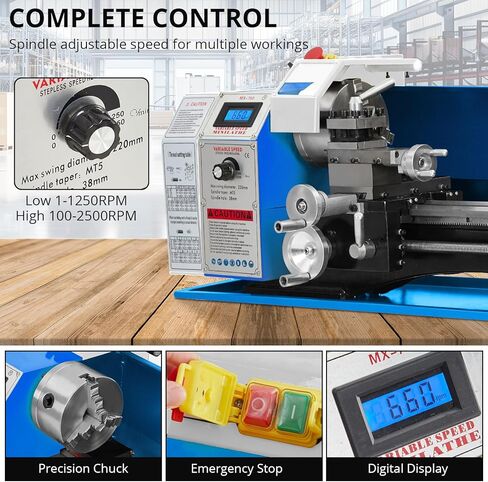 Mini Metal-Lathe Machine,Benchtop Lathe 9"x24" 1100W Variable Speed 2250RPM with 5" 3-Jaw Chuck CNC Mini Lathe Machine,Precision Mini Lathe w/Tool Box Digital Display for Metal Turning in Saudi Arabia
