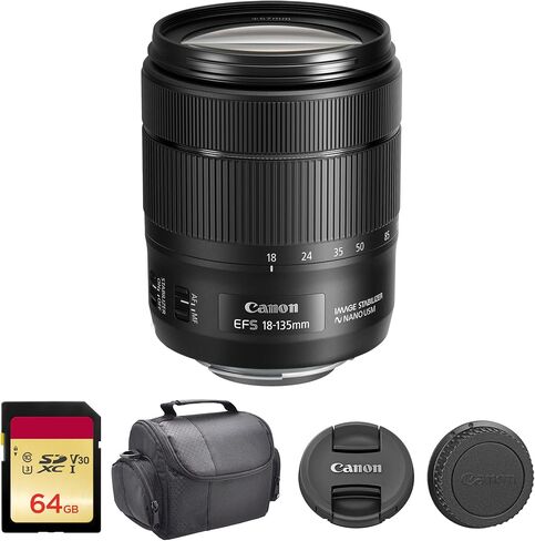 عدسة كانون EF-S 18-135mm f/3.5-5.6 IS USM | تكبير APS-C متعدد الاستخدامات مع تثبيت الصورة البصري والتركيز التلقائي السريع Nano USM والنطاق البؤري الواسع | للفيديو والصور اليومية (1276C002) + بطاقة سعة 64 جيجابايت + حقيبة in Kuwait