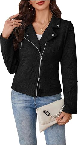 MakeMeChic Women's Short Soft Zip Up Jacket Long Sleeve Lapel Collar Coat Biker Moto Jacket in Saudi Arabia