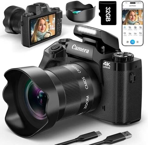 كاميرا رقمية للتصوير الفوتوغرافي، كاميرا تسجيل فيديو مزدوجة العدسات بدقة 4K بدقة 64 ميجابكسل واي فاي لليوتيوب مع تكبير رقمي 16X، فلاش، شاشة تعمل باللمس، بطاقة TF سعة 32 جيجابايت، غطاء عدسة، مخرج HDMI وبطارية 3000 مللي أمبير (أسود) in Kuwait