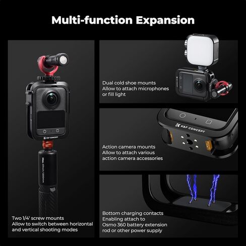 قفص كاميرا معدني مطور من K&F CONCEPT متوافق مع ملحقات DJI Osmo 360، حافظة واقية من الألومنيوم | مع غطاء عدسة سيليكون | إطار توسيع مع 2 حامل حذاء بارد | اتصال شحن مدمج in Kuwait