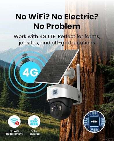 كاميرا أمان تعمل بالطاقة الشمسية 4G LTE لاسلكية في الهواء الطلق، لا توجد كاميرات تعمل بالطاقة الشمسية بتقنية WiFi، عرض مباشر بزاوية 360 درجة، تتبع الحركة، رؤية ليلية ملونة بدقة 4 ميجابكسل، اكتشاف الذكاء الاصطناعي، شريحة eSIM مدمجة (لا حاجة إلى بطاقة SIM) in Kuwait