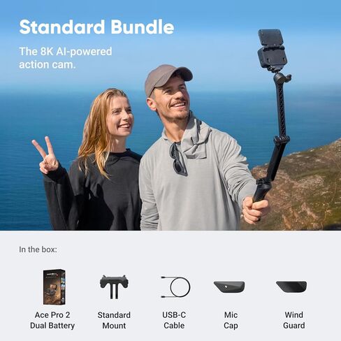 Insta360 Ace Pro 2 POV Power Bundle بطارية مزدوجة - كاميرا حركة مقاومة للماء بدقة 8K تم تصميمها بالتعاون مع Leica، مستشعر 1/1.3 بوصة، شريحة AI مزدوجة، إضاءة منخفضة رائدة، صوت فائق، شاشة قلاب وتحرير AI in Saudi Arabia