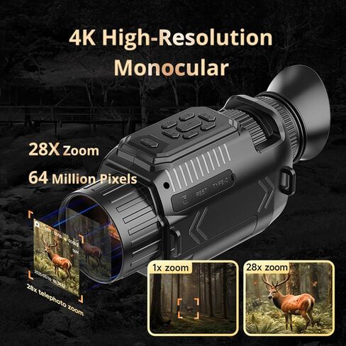 Yoidesu Night Vision Monocular، 4K 64MP Digital Infrared Monocular Telescope، 28X Digital Zoom HD تلسكوب عالي الطاقة للحياة البرية ومشاهدة الطيور أثناء السفر والتخييم in Kuwait