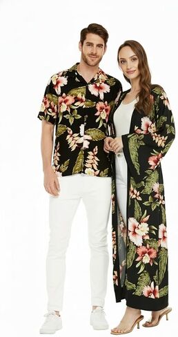 Matchable Couple Hawaiian Luau Shirt or Maxi Kimono in Rafelsia Black in Saudi Arabia