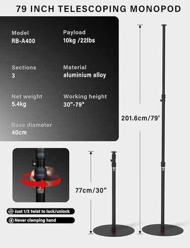 IFOOTAGE A400 Round Base Monopod, 79'' Aluminum Photography Light Stand Flat Base, Camera Tripod Stand for DSLR Camera, Light, Webcam, Live Streaming, Vlogging, Payload 10KG/22LBS (4 Pack) in Saudi Arabia