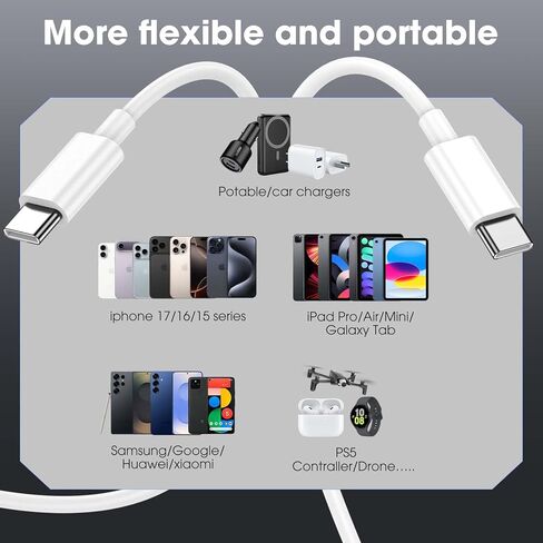 USB C إلى كابل USB C ، 5 حزمة (3ft/3ft/3ft/6ft/6ft/6ft) 60W سلك الشحن السريع ، النوع C كابل الشحن السريع المتوافق مع iPhone 16/16 Pro/16 Plus/16 Pro Max/15/15 Pro/15 Plus/15 Pro Max (White) in Kuwait