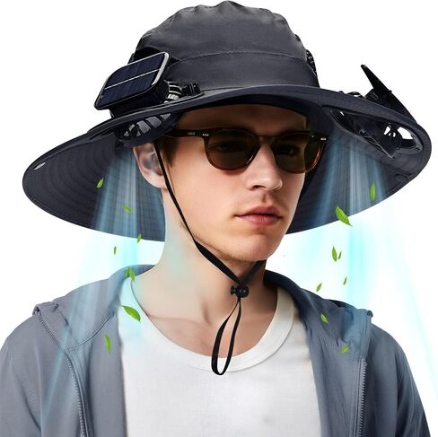 Solar Fan Hat, Fishing Hat with Built in Fan, Wide Brim Sun Hat with 2 Solar Fan, Solar & USB Charging Sun Bucket Hats with Fan for Men Black in Saudi Arabia
