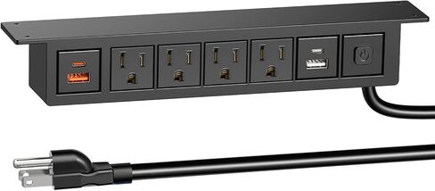 QBA Under Desk Power Strip with USB-C 20W, Desk Mount Outlet with 6FT Spring Cord, 4 AC Outlets, 4 USB Ports, for Conference Furniture Cabinet, ETL Listed in Kuwait