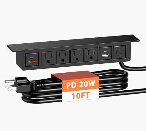 QBA Under Desk Power Strip with USB-C 20W, Desk Mount Outlet with 6FT Spring Cord, 4 AC Outlets, 4 USB Ports, for Conference Furniture Cabinet, ETL Listed in Kuwait