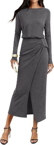 KIRUNDO Fall Dresses for Women 2025 Long Sleeve Boat Neck Wrap Ruched Elastic Waist Casual Knit Maxi Dress with Slit in Saudi Arabia