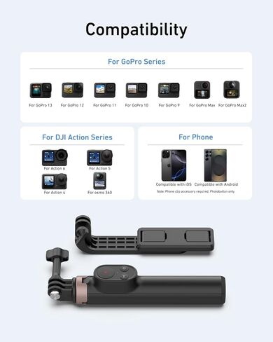 TELESIN Mini Selfie Stick & Phone Tripod for DJI Osmo 360 Action 6/5/4, GoPro Hero 13/12/11, Vlog Selfie Stand with 80m Remote and Phone Clip for iPhone & Android, Portable Vlogging Tripods for Travel in Saudi Arabia