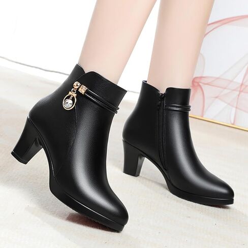 Women'S Leather Mid Block Heel Ankle Boots Fashion Rhinestones Buckle Decor Comfort Warm Fur Lined Side Zipper Chunky Heels Snow Boots in Saudi Arabia