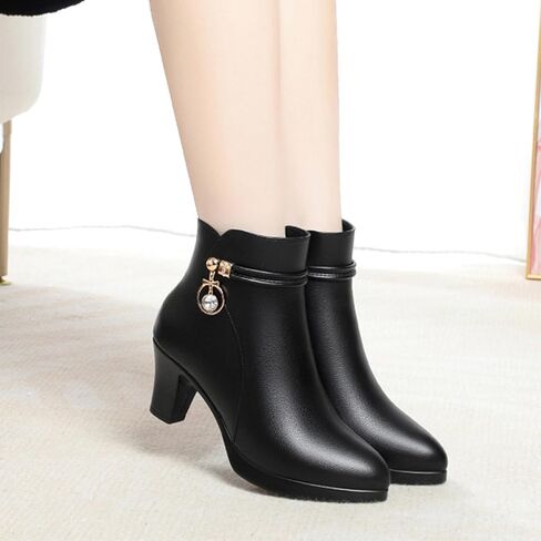 Women'S Leather Mid Block Heel Ankle Boots Fashion Rhinestones Buckle Decor Comfort Warm Fur Lined Side Zipper Chunky Heels Snow Boots in Saudi Arabia