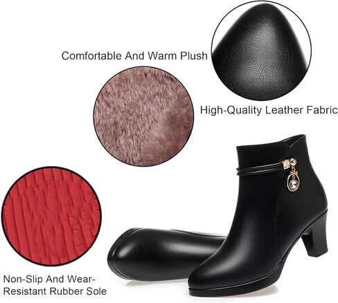 Women'S Leather Mid Block Heel Ankle Boots Fashion Rhinestones Buckle Decor Comfort Warm Fur Lined Side Zipper Chunky Heels Snow Boots in Saudi Arabia