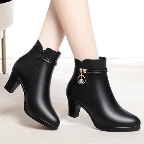 Women'S Leather Mid Block Heel Ankle Boots Fashion Rhinestones Buckle Decor Comfort Warm Fur Lined Side Zipper Chunky Heels Snow Boots in Saudi Arabia