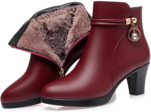 Women'S Leather Mid Block Heel Ankle Boots Fashion Rhinestones Buckle Decor Comfort Warm Fur Lined Side Zipper Chunky Heels Snow Boots in Saudi Arabia
