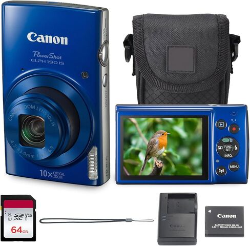 حزمة الكاميرا الرقمية Canon PowerShot ELPH 190 (أزرق) مدمجة للتصوير والتقاط الصور مع تكبير بصري WiFi | تصميم محمول للمشاركة أثناء السفر والتصوير اليومي مع حافظة وبطاقة سعة 64 جيجابايت in Kuwait