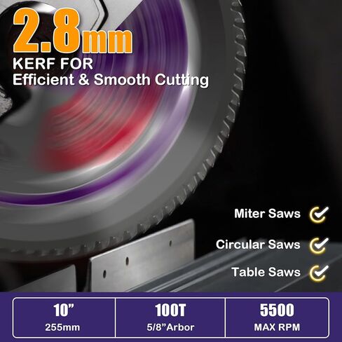 شفرة منشار دائري من الألومنيوم 10 بوصة 100 طن، شفرة منشار ميتري للطاولة مع طرف من كربيد التنجستن، شفرة قطع للمعادن غير الحديدية، النحاس، البولي كربونات، الحوائط الجافة، MDF، البلاستيك، 5/8 بوصة 1 قطعة in Kuwait