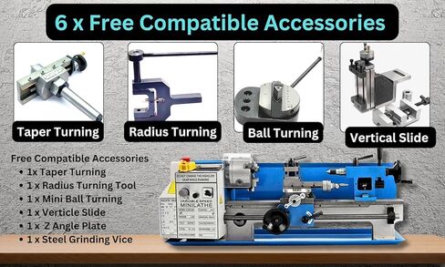 Package of 1 x Mini 7 x 14 Lathe Machine with 6 Free Compatible Accessories, Taper Turning, Radius Turning, Ball Turning, Vertical Slide, Z Angle Plate, Steel Grinding Vice in Saudi Arabia