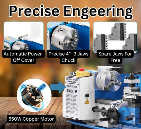 Package of 1 x Mini 7 x 14 Lathe Machine with 6 Free Compatible Accessories, Taper Turning, Radius Turning, Ball Turning, Vertical Slide, Z Angle Plate, Steel Grinding Vice in Saudi Arabia