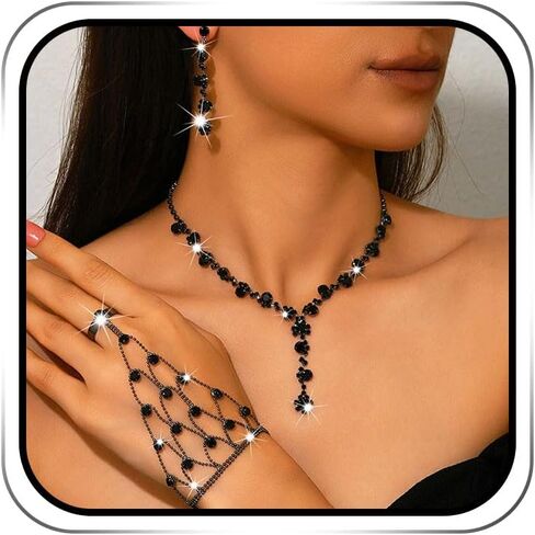 ACEDRE مجموعة مجوهرات سوداء حجر الراين الزفاف قلادة أقراط سوار مجموعات اكسسوارات للنساء (3PCS) in Saudi Arabia