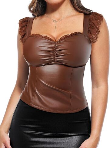 Popilush Leather Top Tummy Control Lace Corset Going Out Club Tops for Women Concert Outfits in Saudi Arabia