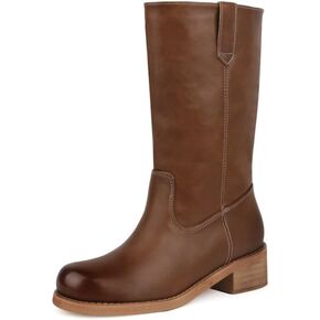 KISSASA Mid Calf Boots for Women Round Toe Flat Boots Vintage Lace Up Bow Low Heel Campus Fall Booties in Saudi Arabia