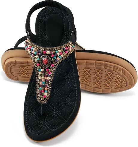 Ecetana Women's Flat Sandals Comfort Beaded Boho Summer Ankle Strap | Colorful Bohemian Beaded - Comfortable Cushioned Footbed - Ideal for Beach Travel Casual Daily Wear - Non-slip Rubber Sole in Saudi Arabia