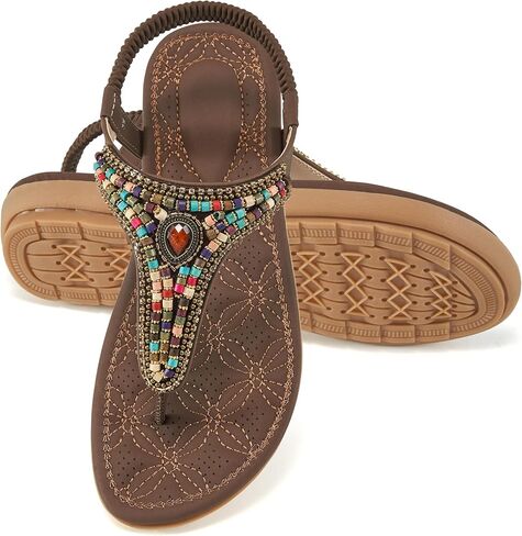 Ecetana Women's Flat Sandals Comfort Beaded Boho Summer Ankle Strap | Colorful Bohemian Beaded - Comfortable Cushioned Footbed - Ideal for Beach Travel Casual Daily Wear - Non-slip Rubber Sole in Saudi Arabia